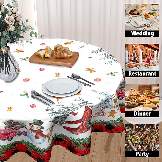 Christmas Round Tablecloth 70 Inch Xmas Snowman Pattern Circle Table Cloth Red Plaid Tablecloth Winter Table Cover Washable Polyester Decor for Home Kitchen Dinning Party