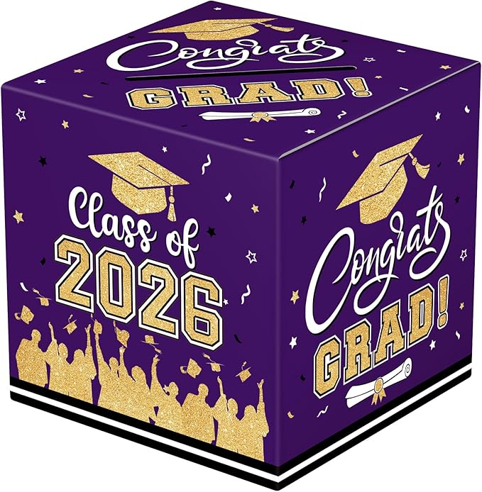 Graduation Card Box 2026 - Congrats Grad Card Boxes Holder, Purple and Gold Class of 2026 Graduation Gift Cards Box for Graduation Party Decorations 2026 Favors Decor Supplies Props,9x 9 x 9 inches
