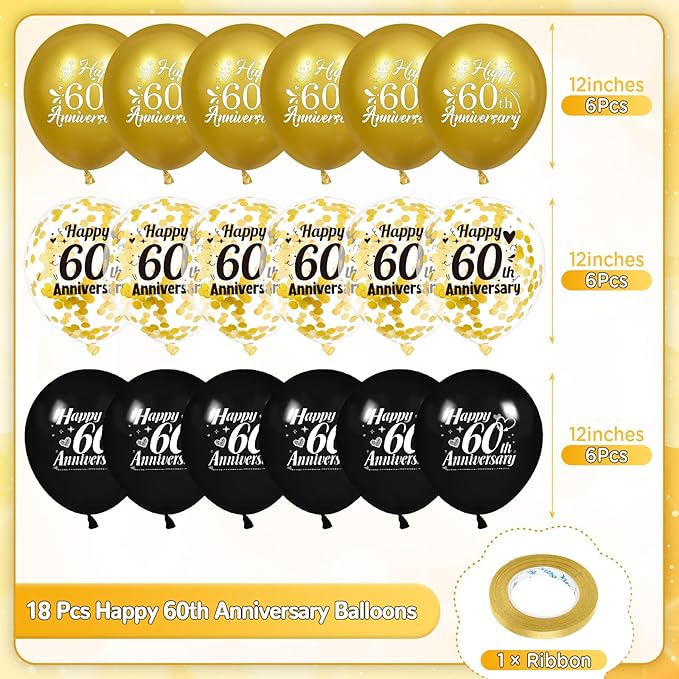 60th Anniversary Balloons 18Pcs Black Gold Anniversary Party Decorations for Women Men Black Gold 12Inch Happy Latex Metallic Confetti Balloons for Indoor Outdoor Party Supplies