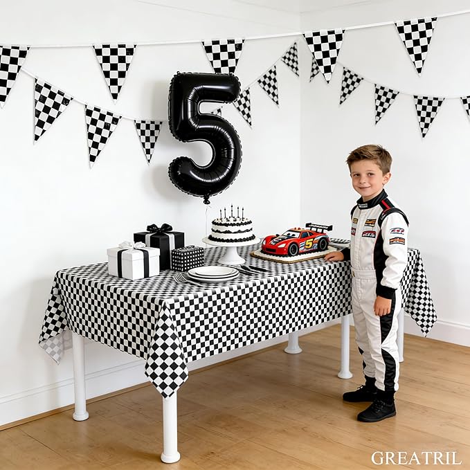 Checkered Pennant Banner Flags - GREATRIL Black White Racing Theme Triangle Bunting for Birthday/Garage/Race Car Party Decorations 4 Strings