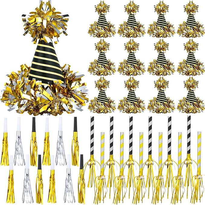 Lenwen 36 Pcs 2026 New Years Eve Party Supplies Including 12 New Year Cone Hats 24 Noise Makers Horns Blowouts Tassel Squawkers Blowers for Eve Party Decoration