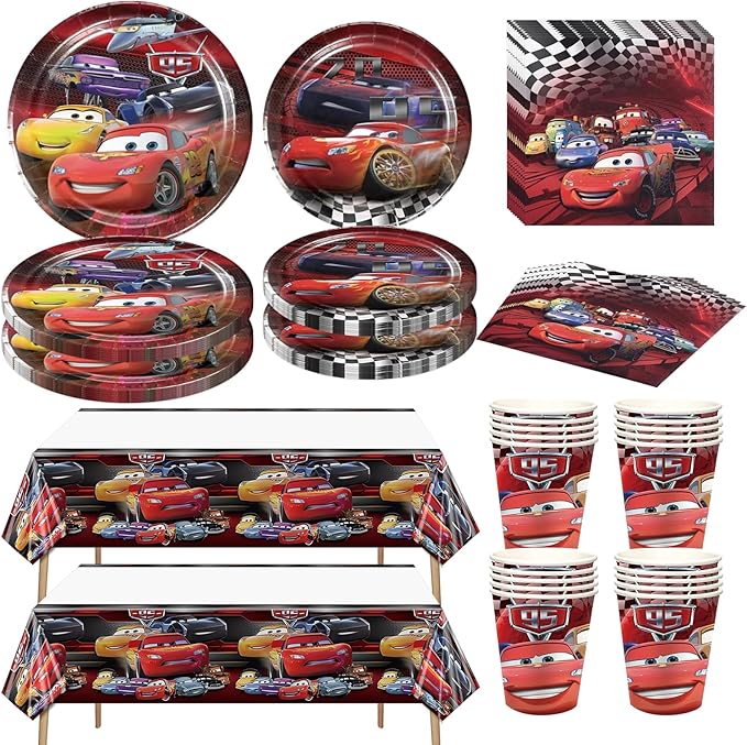 82 PCS Cars Party Supplies, Cars Party Tableware Includes 40 Plates, 20 Napkins, 20 Cups, 2 Tablecloth for Birthday Party Decorations