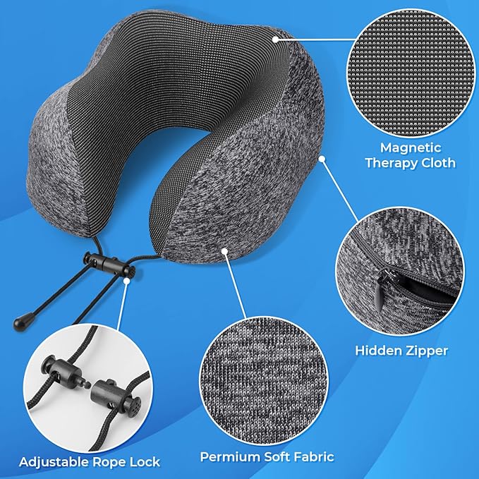 ExploreBliss Travel Pillow, 2 Pack Travel Pillows for Sleeping Airplane, Removable Cover Neck Pillow with Adjustable Clasp, Memory Foam Neck Pillow Set (Dark Grey*2)