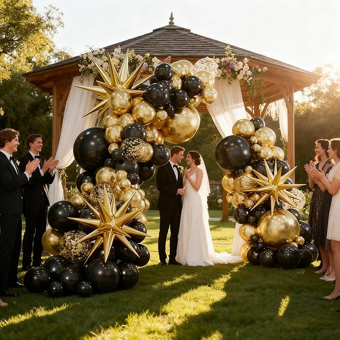 Black and Gold Balloons, 135pcs Black Gold Arch Kit Confetti Star Latex Balloons 5 10 12 18 Inch for Decorations Birthday Retirement Wedding Anniversary New Years Party Decorations