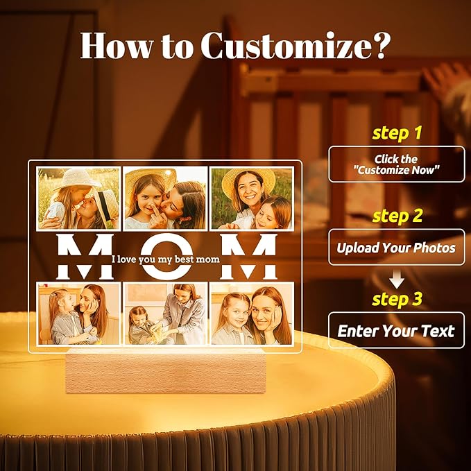 Custom Picture Frames with Photo, Personalized Photo Frame with Night Light, Customized Picture Frames, Customized Birthday Gifts for Mom, Personalized Mothers Day Gifts for Mom Baby Kid Family