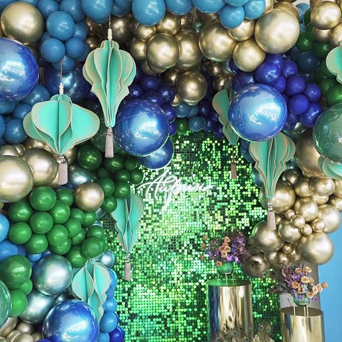 134Pcs Blue and Green Balloon Garland Kit, Navy Blue Dark Green Gold Balloon Arch Kit with Metallic Chrome Balloons, Dinosaur Helium Latex Balloons for Dino Jungle Safari Birthday Party Decorations