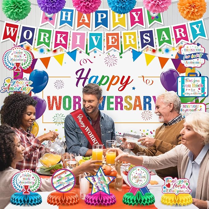 Happy Work Anniversary Decorations Colorful Happy Workiversary Banner Honeycomb Centerpieces Hanging Swirls Tissue Paper Pompoms Sash for Men Women Office Employee Worker Pastor Appreciation Supplies