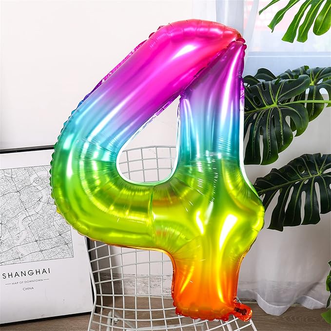 Number Balloon | Number 4 Balloons for 4th Rainbow Birthday Decorations | Giant Multicolor Mylar 4 Balloon Number - 40 Inch | Big Colorful 4 Birthday Balloons for Anniversary Party Supplies Favors