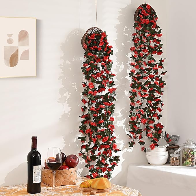 MARTINE MALL Flower Garland Rose Vines, 8 Strands 66Ft Flowers Vines for Bedroom, Rose Flower Garland Decoration, Red Rose Floral Garland for Room Table Birthday Wedding Party Garden Wall Decor