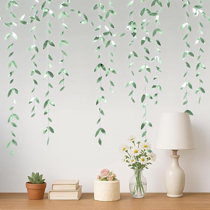 KatchOn, Sage Green Paper Leaf Garland – Pack of 5 | Hanging Leaves Streamer Banner for Green Party Decorations | Hanging Green Leaves for Birthday Decorations, Wedding, Anniversary Decor