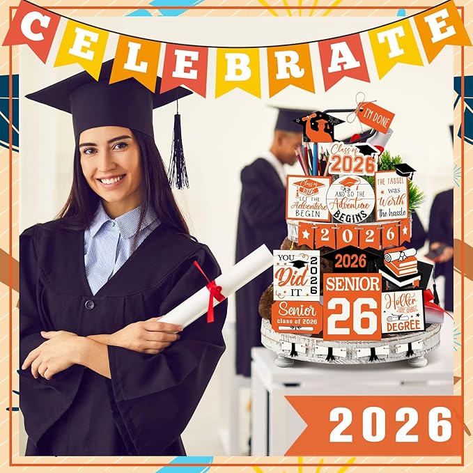 22 Pcs 2026 Graduation Tiered Tray Decor Sets Wooden Graduation Class of 2026 Table Decorations Senior 2026 Gown Diploma Farmhouse Signs for Home Shelf Party Office Desk(Orange)