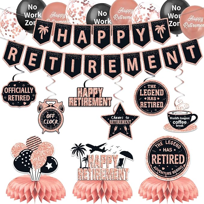 25Pcs Retirement Party Decorations for Women, Rose Gold Happy Retirement Banner Balloons Party Supplies, The Legend Has Retired Farewell Theme Honeycomb Centerpiece Swirl Decor