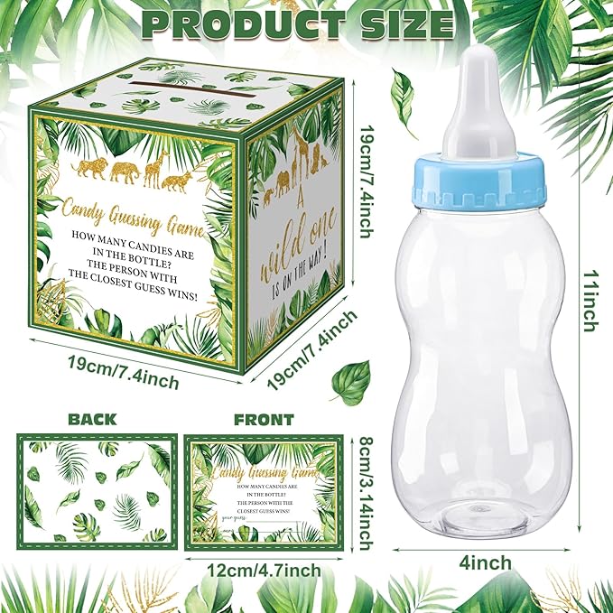 Glenmal 52 Pcs Baby Shower Games Gift Sets Large Baby Bottle for Shower Game Guess How Many Candies Decorations for Gender Reveal(Safari Jungle Animal)