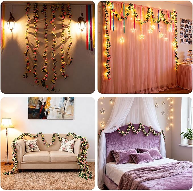 Miracliy 8Pcs 66FT Flower Garland, Orange and Champagne Artificial Rose Floral Vines Fake Hanging Spring Flower Garland for Wall Backdrop Wedding Arch Tea Party Door Mantle Decoration