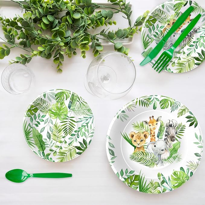 Safari Birthday Decorations Tableware - Jungle Theme Party Supplies Include Plates, Cups, Napkin, Cutlery, Tablecloth, Straws, Animal Safari Jungle Birthday Baby Shower Decorations | Serve 24