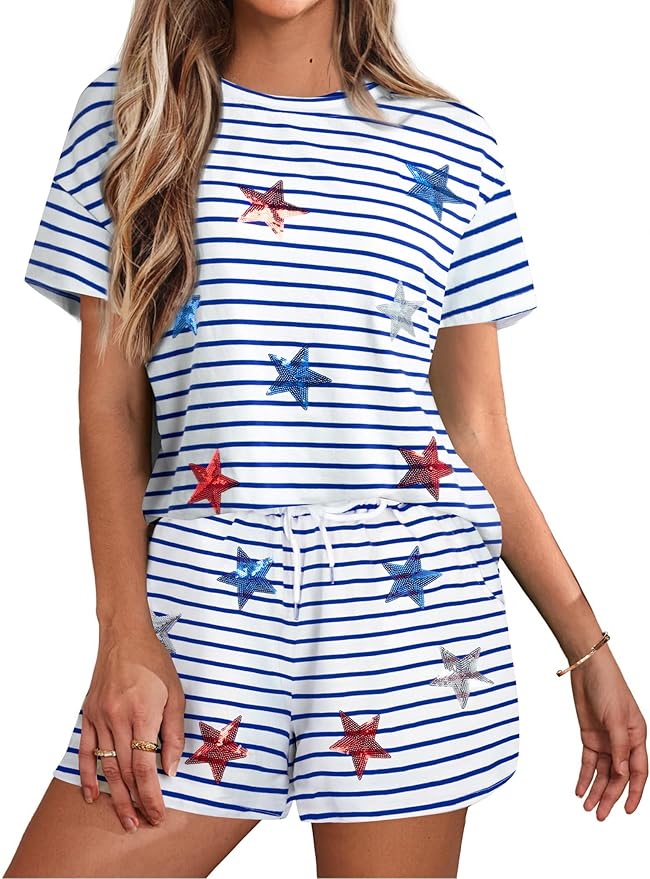 VILOVE 4th of July 2 Piece Sequin Outfits Women 250 Anniversary Usa Shirts and Short Sets Casual Patriotic Shirt Summer Set