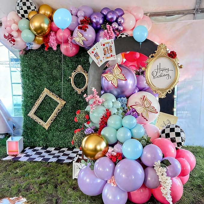 Pink Blue Green Balloons Garland Arch Kit, 125Pcs Pastel Pink Blue Purple Balloons, Dusty Green Hot Pink Gold Balloon Checkered Foil Balloon for Princess Fairy Birthday Spring Garden Tea Party Decor
