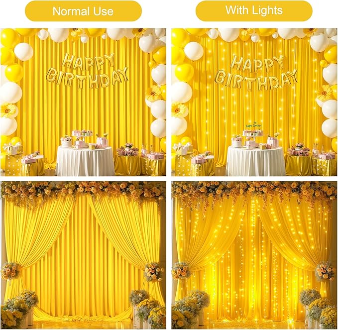 Yellow Backdrop Curtains with Lights for Parties,10x10FT Wrinkle Free Wedding Photo Backdrop Light Tulle Curtains for Baby Shower Birthday Ceremony Reception Home Party Decorations-5ft x 10ft