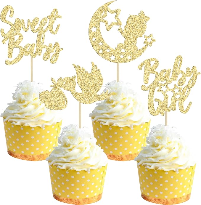 24Pcs Babyshower Girl Cupcake Toppers Glitter Moon Star Sweet Baby Gender Reveal Cupcake Picks Baby Shower Kids Girls Birthday Party Cake Decorations Supplies Gold