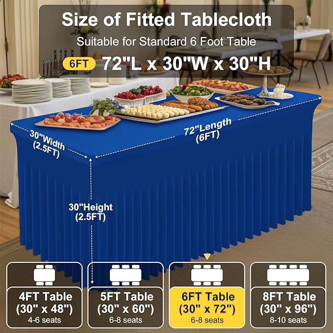 Smiry Spandex Tablecloth, Elastic Fitted Stretch Tablecloth for 6FT Rectangle Tables, Waterproof Washable Table Cover Skirt for Outdoor, Wedding, Banquet & Parties (Blue, 72Lx30Wx30H Inch)