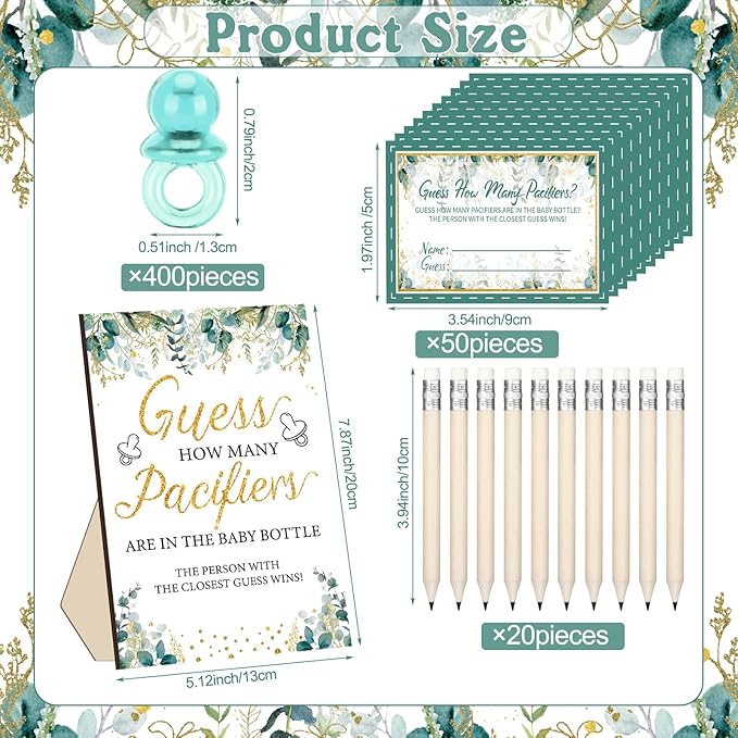 Syhood Greenery Baby Shower Games Guess How Many Pacifiers Sage Game Sign 50 Small Guessing Games 20 HB Pencils 750 ml Milk Bottle 400 Acrylic Pacifiers Decorations Guests Gender Reveal Party Favors