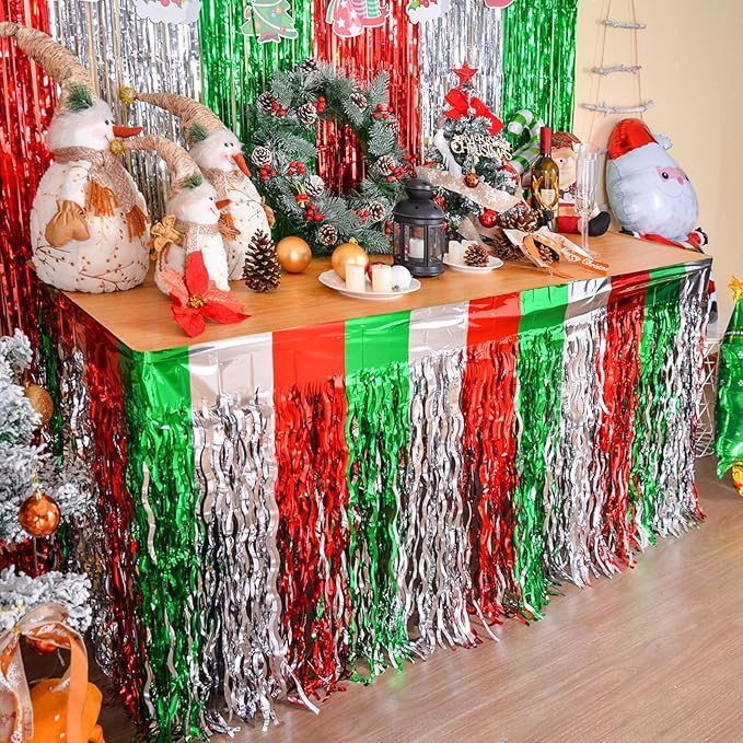 LOLStar Christmas Party Decorations, 2 Pack Red White and Green Wavy Metallic Tinsel Foil Fringe Table Skirt for Rectangle & Round Tables, Perfect Table Decorations for Christmas Ugly Sweater Party