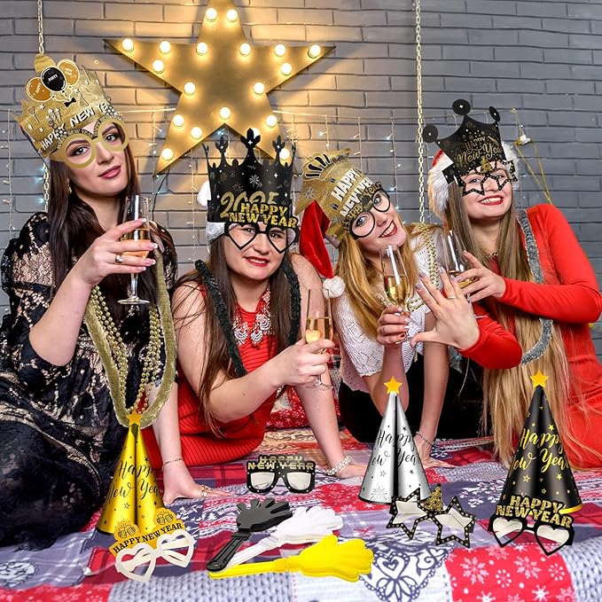 288 Pieces 2026 New Years Eve Party Supplies Include New Year Crown Glasses Headband Noisemakers Cone Hats Necklaces Hand Clapper Leis 2026 New Year Decorations Kit Party Supplies