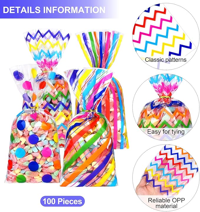 Aodaer 100 Pieces 10.6 x 5.1 In Rainbow Cellophane Bags Plastic Candy Gift Bag Cellophane Treat Bags with Twist Ties Stripes Polka Dot Printed Pattern Goodie Bag for Birthday Weddings Party Favors
