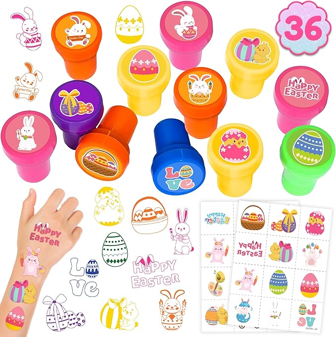 36PCS Easter Party Favors - 24PCS Pre-Cut Temporary Tattoos & 12PCS Stamps - Ideal Spring Egg Themed Birthday Card Decorations Supplies Goodie Bag Cute Rewards for Boys Girls Classroom Gifts Prizes