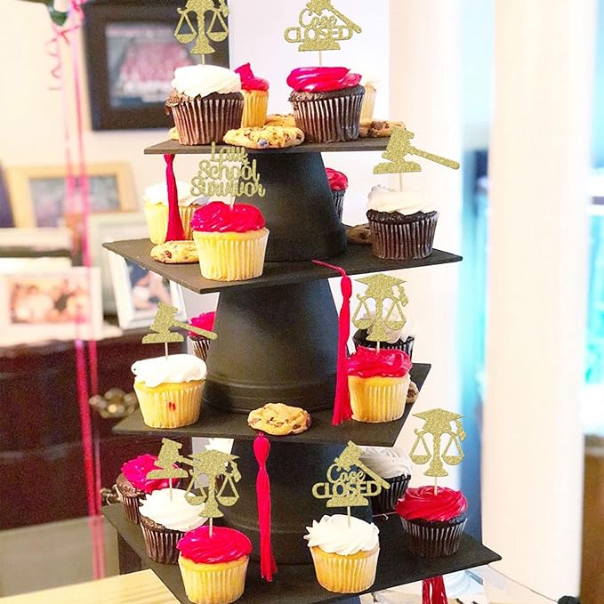 Gyufise 24Pcs Lawyer 2026 Graduation Cupcake Toppers Gold Glitter Class of 2026 Grad Cap Law School Survivor Cupcake Picks for 2026 Lawyer Graduation Party Cake Decorations Supplies