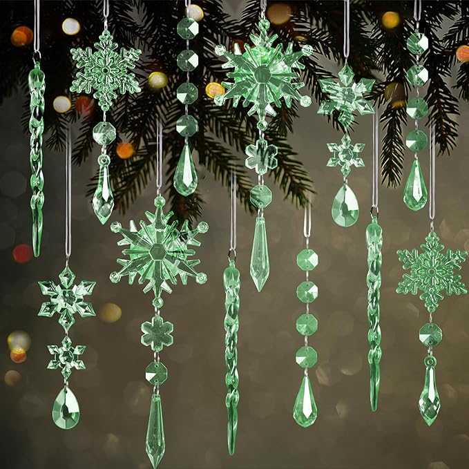 18pcs Crystal Christmas Ornaments for Christmas Tree Decorations-Green Hanging Acrylic Snowflake and Icicle Ornaments with Drop Pendants for New Year Party Decorations Supplies