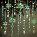 18pcs Crystal Christmas Ornaments for Christmas Tree Decorations-Green Hanging Acrylic Snowflake and Icicle Ornaments with Drop Pendants for New Year Party Decorations Supplies