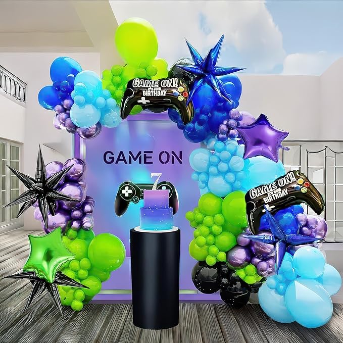 Video game Themed blue and green chrome purple balloon garland arch kit 140+pcs with handle star mylar balloon for Video game Themed Birthday party decorations