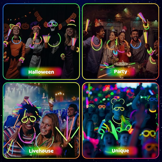 Mega-L 1000 Pcs Glow Sticks Bulk Party Pack, Glow in the Dark Party Supplies, 8" Ultra Bright Glow Necklaces and Bracelets with Connectors for Neon Glow Birthday Pool Party, New Years Eve Party Favors