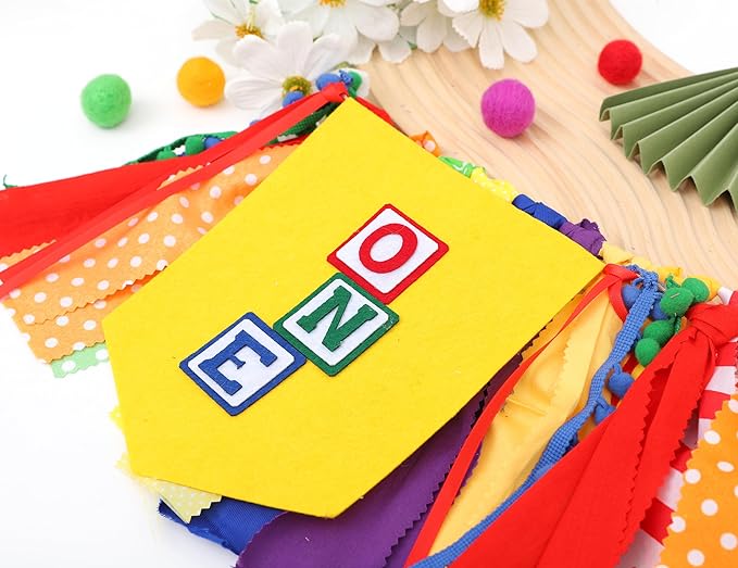 Letter Blocks One High Chair Banner - First Birthday Decorations, Nursery Rhyme Highchair Garland With Ribbon Fabric,1st Birthday Photo Props,Cake Smash Party Colorful Banner