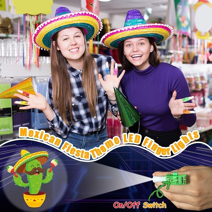 36 PCS Mexican Party Favors Fiesta LED Finger Lights, Glow in the Dark Fifth of MayDe Mayo Fiesta Party Finger Light Bulk for Chriatmas Goodie Treat Bags Stuffers Taco Birthday Party Supplies