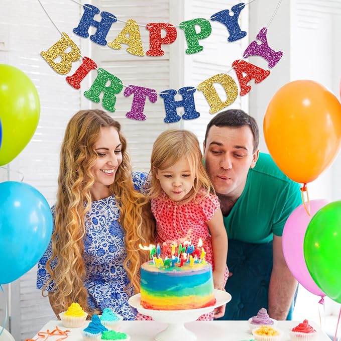 Glitter Colorful Happy Birthday Banner Birthday Party Decorations Sign Garland Bunting Banner for Wall Decor Party Background for Kids Boys Girls Adults
