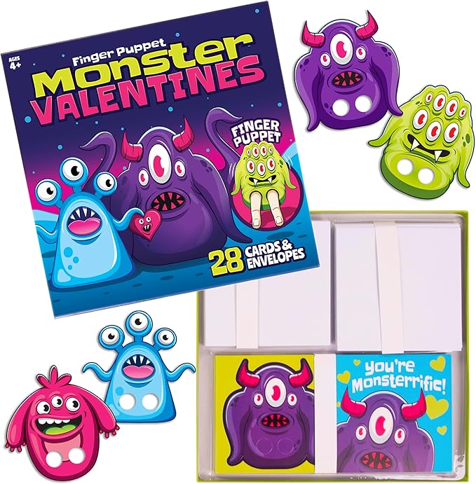 Kangaroo 28 Pack Monster Finger Puppets Valentines Day Cards with Envelopes Bulk - Funny Valentines Crafts Activities for Kids Classroom - Valentines Day Cards for Kids School Party Favors Goodie Bags Gift Ideas for Class