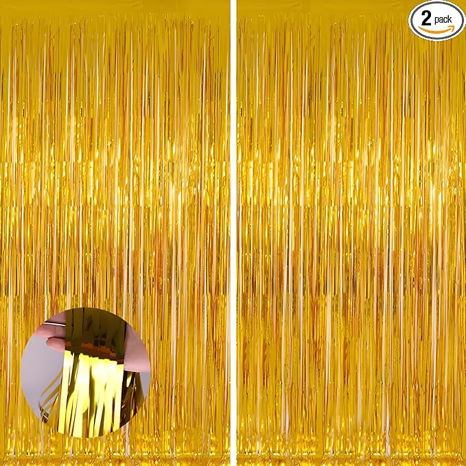 Valentines Day Keyali 2 Pack 3.3 * 8.3 ft Foil Curtain Metallic Tinsel Fringe Curtains Photo Booth Props Backdrop for Birthday Wedding Engagement Baby Shower Christmas Holiday Celebration Partyl,Gold