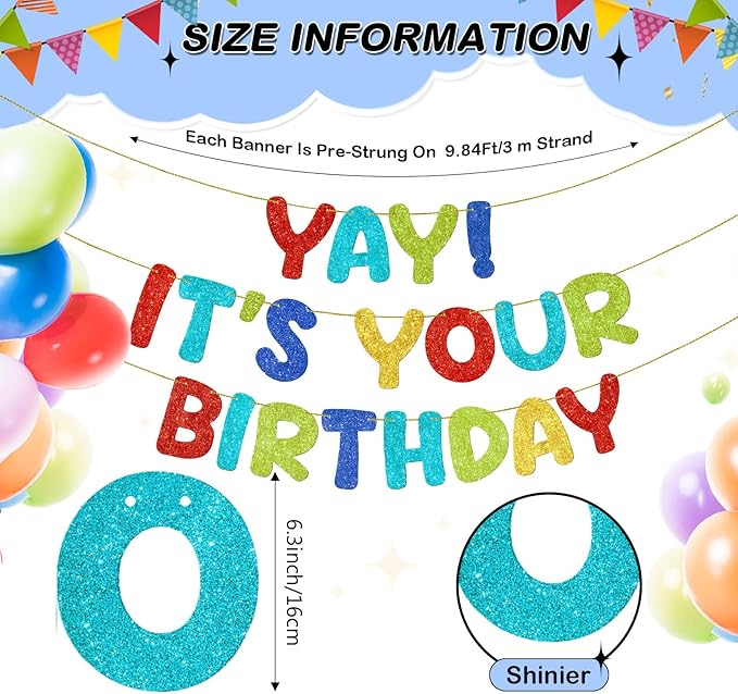 Fulmoon Pre Strung Yay It's Your Birthday Banner Glitter Happy Teen Boys Teen Girls Adult Banner Glitter Funny Birthday Party Decorations(Colorful)