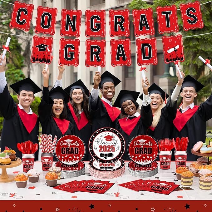 Graduation Party Supplies Congrats Grad Decorations Class of 2025, Disposable Plates and Napkins with Banner Tablecloth Cups Dinnerware Sets for Graduation Decor, Serves 24 (Red and White)