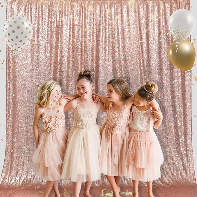PartyDelight Rose Gold Sequin Backdrop 10x10ft - High Density 3mm Shimmer Sequin Background with 4-Inch Rod Pocket, Sparkly Photography Curtain for Wedding, Gala, Stage & Professional Studio Decor