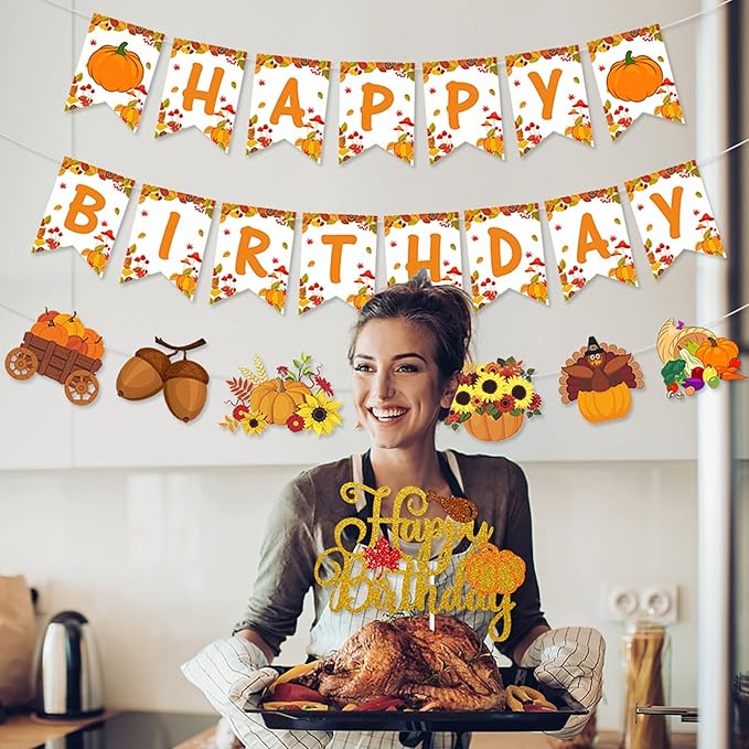 Fall Thanksgiving Happy-Birthday Party-Decorations Banner - 2pcs Orange Garland,Autumn Pumpkin Turkey Flowers Maple Leaves Hanging Swirls Streamers Decor Panduola
