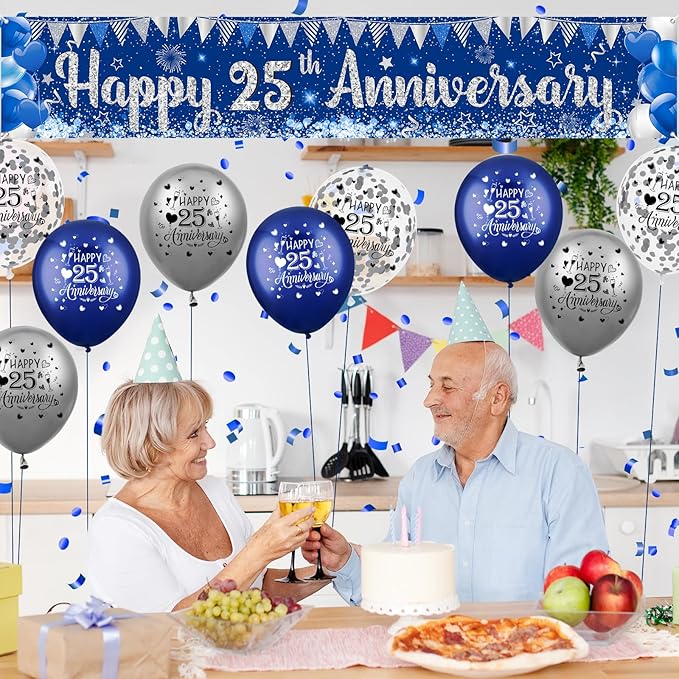 Blue Silver 25th Anniversary Decorations for Men Women, Blue Happy 25th Anniversary Banner and 18Pcs Balloons for 25 Years Silver Wedding Party Decoration Supplies