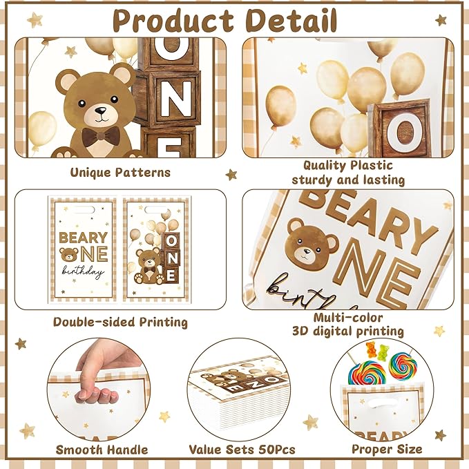 Beary First Birthday Party Favor Bag 50Pcs Brown Bear Sweet Goody Candy Treat Gift Bags Beary One My 1st Birth Day Theme Party Decorations for Kids One Year Old Birthday Supplies