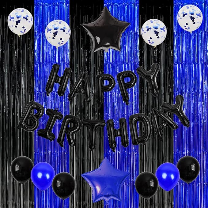 Black Blue Party Decorations Backdrops, Gaming Party Foil Fringe, 2026 Graduation Black Blue Curtains Backdrops for Boys Birthday New Year Baby Shower Gamer Fan Party Decorations (3 Pack)