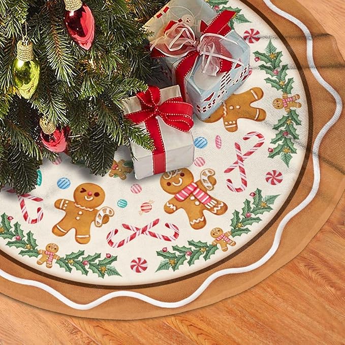 Gingerbread Man Candy Christmas Tree Skirt Orange Xmas Tree Mat Halloween Christmas Tree Ornaments Decorations Holiday Party Indoor Outdoor 48"