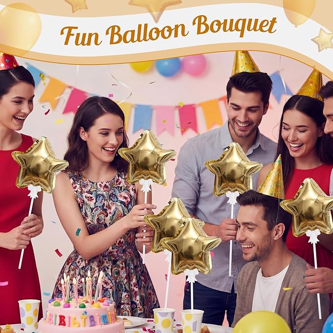 30 Pcs Star Self Inflatable Balloons with Bow Stems Star Foil Balloons Mini Pentagram Decoration for Patriotic Independence Day Graduation Birthday Baby Shower Anniversary(Gold,6 Inches)