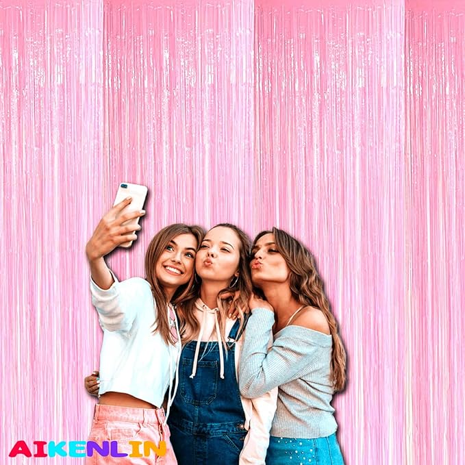 4 Pack 3.2Ft x 8.2Ft Pink Foil Fringe Curtain Backdrop, Metallic Tinsel Foil Fringe Streamers Curtains Background for Photo Booth, Birthday, Wedding, Disco, Bachelorette, Christmas Party Decoration