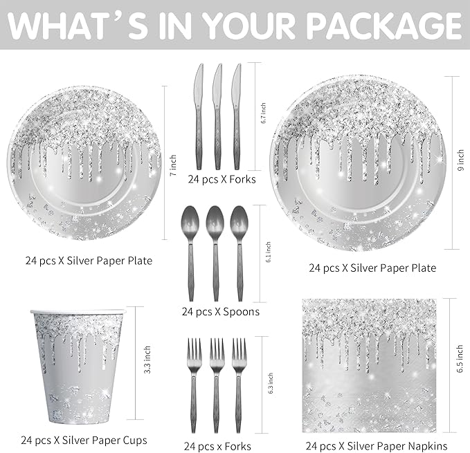 Silver Plates And Napkins Party Supplies - Silver Party Decorations Tableware For Birthday Bridal Shower, Paper Plate, Napkin, Cup, Cutlery, Diamonds Glitter Table Decorations | Serve 24